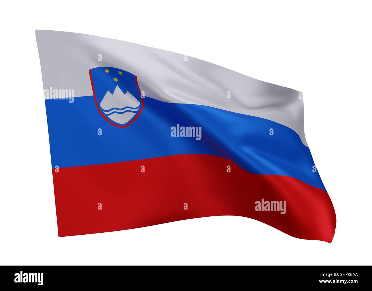 3D Illustration Flagge der Republik Slowenien. Slowenien hochauflösende Flagge isoliert vor weißem Hintergrund. 3D Rendern Stockfoto