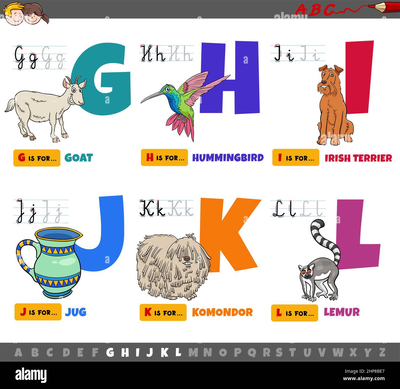 Pädagogische Cartoon Alphabet Buchstaben für Kinder von G bis L Stock Vektor