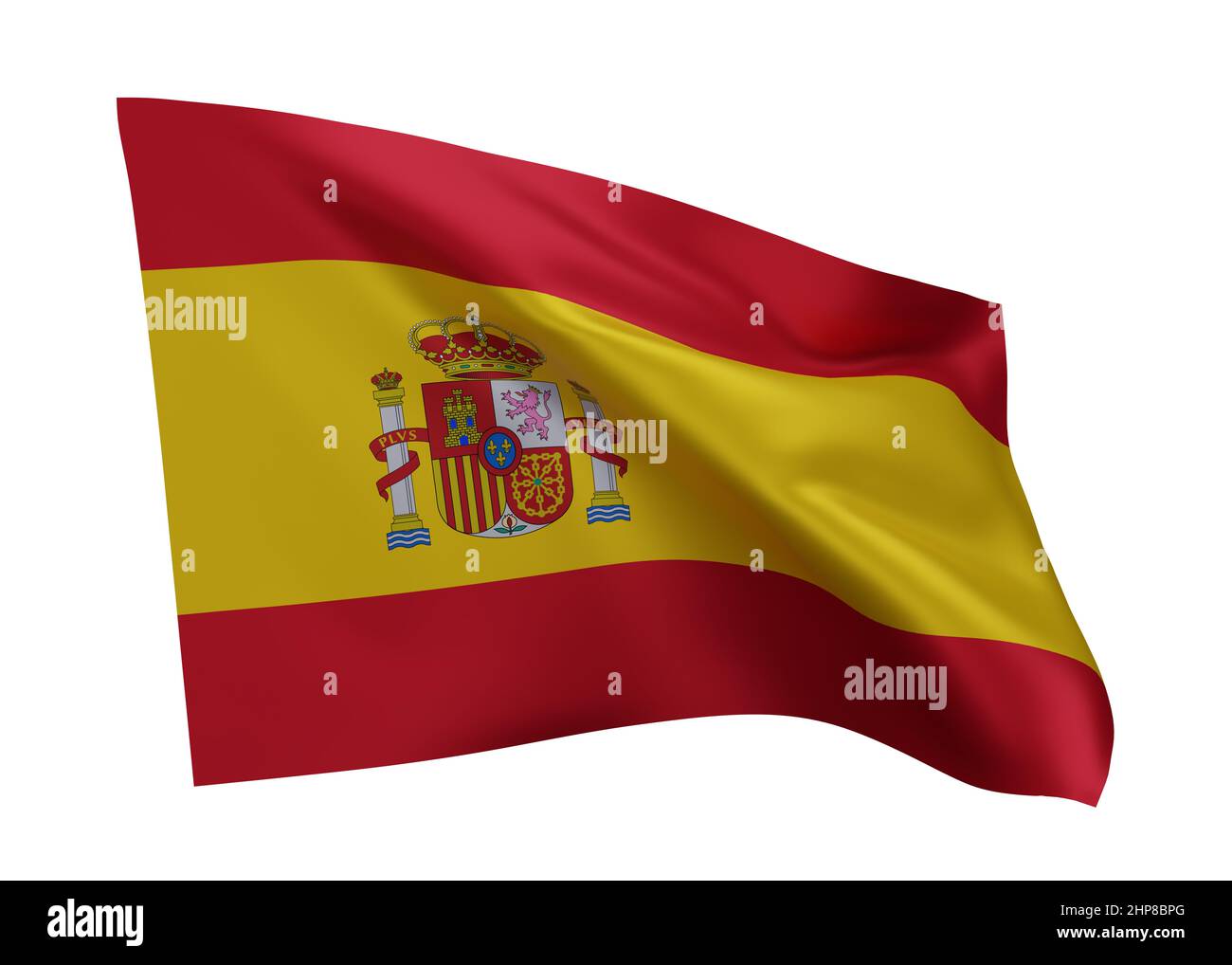 3D Abbildung Flagge von Spanien. Spanische Flagge mit hoher Auflösung, isoliert vor weißem Hintergrund. 3D Rendern Stockfoto