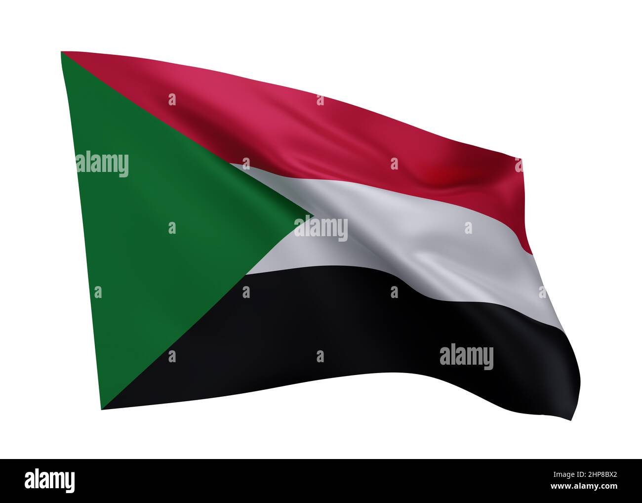 3D Illustration Flagge des Sudan. Sudanesische hochauflösende Flagge vor weißem Hintergrund isoliert. 3D Rendern Stockfoto