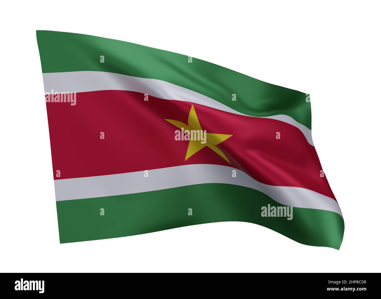 3D Illustration Flagge von Suriname. Suriname hochauflösende Flagge isoliert vor weißem Hintergrund. 3D Rendern Stockfoto