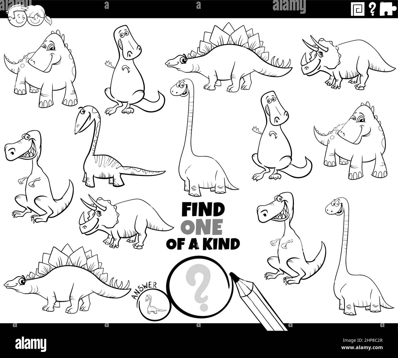 Ein von einer Art Spiel mit Cartoon Dinosaurier Färbung Buchseite Stock Vektor