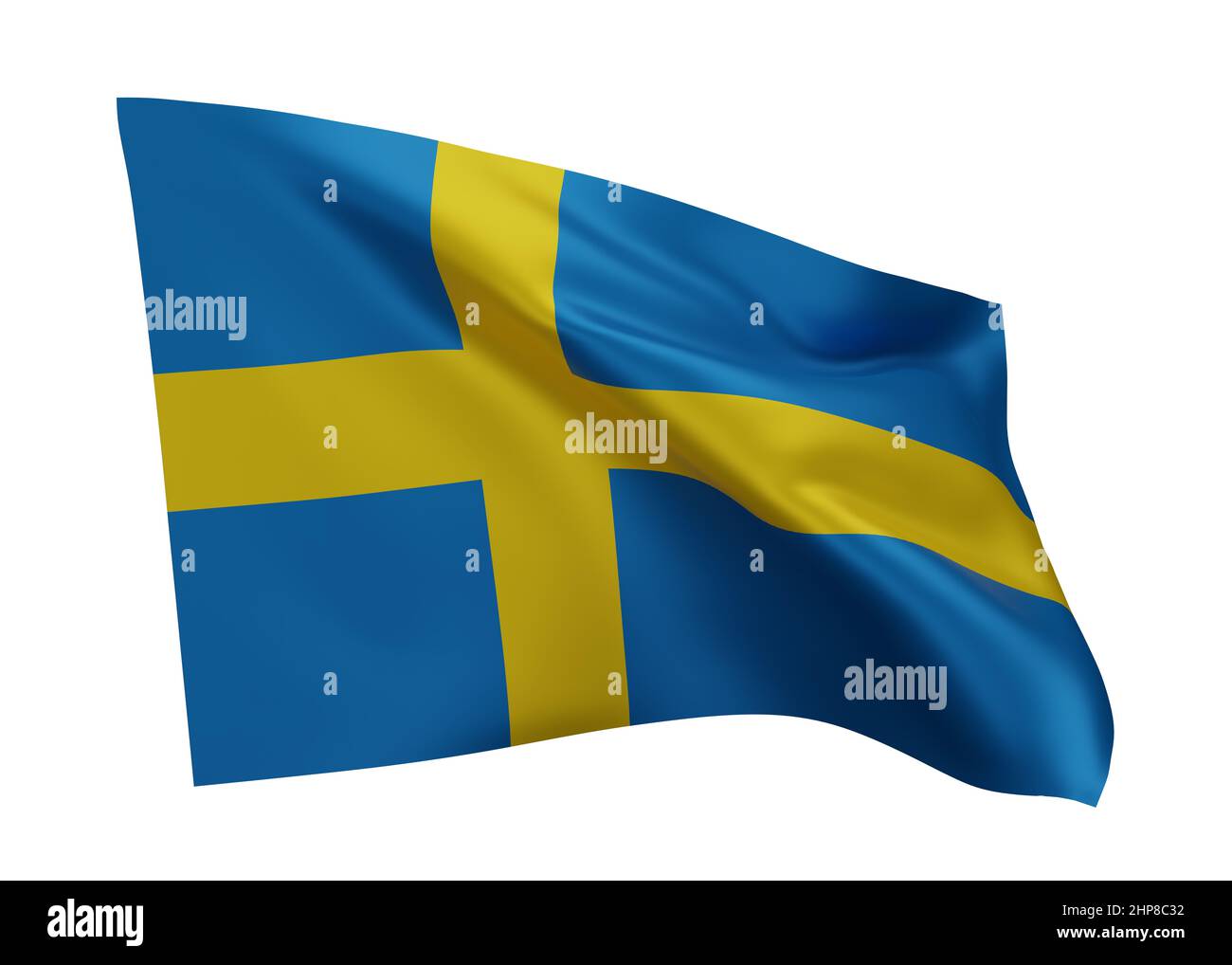 3D Abbildung Flagge von Schweden. Schwedische Flagge mit hoher Auflösung, isoliert vor weißem Hintergrund. 3D Rendern Stockfoto