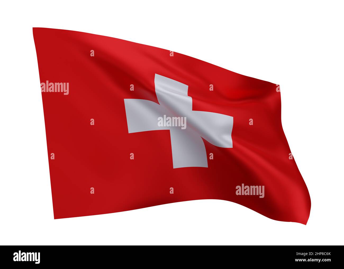 3D Illustration Flagge der Schweiz. Schweizer hochauflösende Flagge isoliert vor weißem Hintergrund. 3D Rendern Stockfoto
