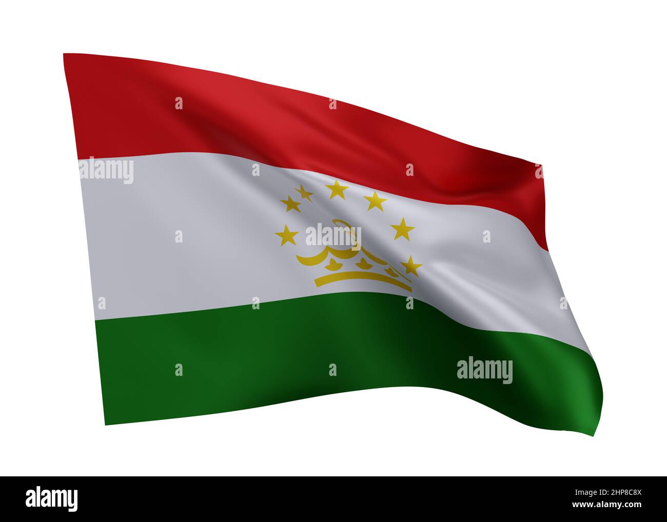 3D Illustration Flagge Tadschikistans. Tadschikistan hochauflösende Flagge isoliert vor weißem Hintergrund. 3D Rendern Stockfoto
