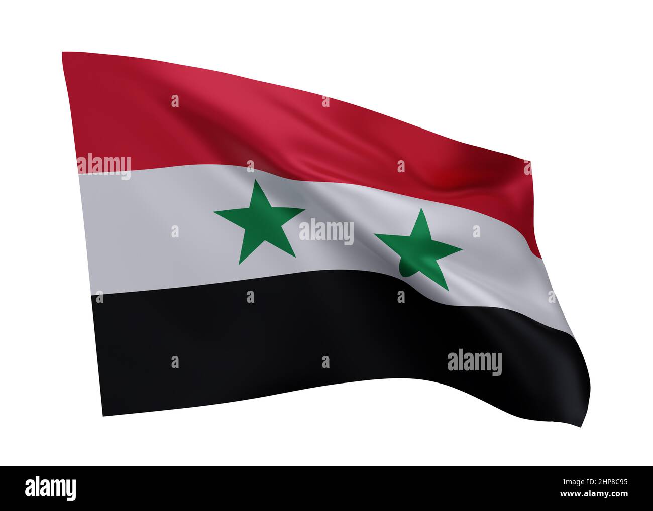 3D Illustration Flagge von Syrien. Syrische hochauflösende Flagge vor weißem Hintergrund isoliert. 3D Rendern Stockfoto