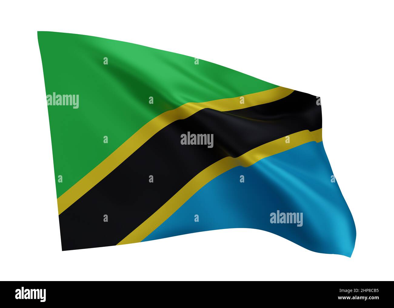 3D Illustration Flagge von Tansania. Tansanische Flagge mit hoher Auflösung, isoliert vor weißem Hintergrund. 3D Rendern Stockfoto