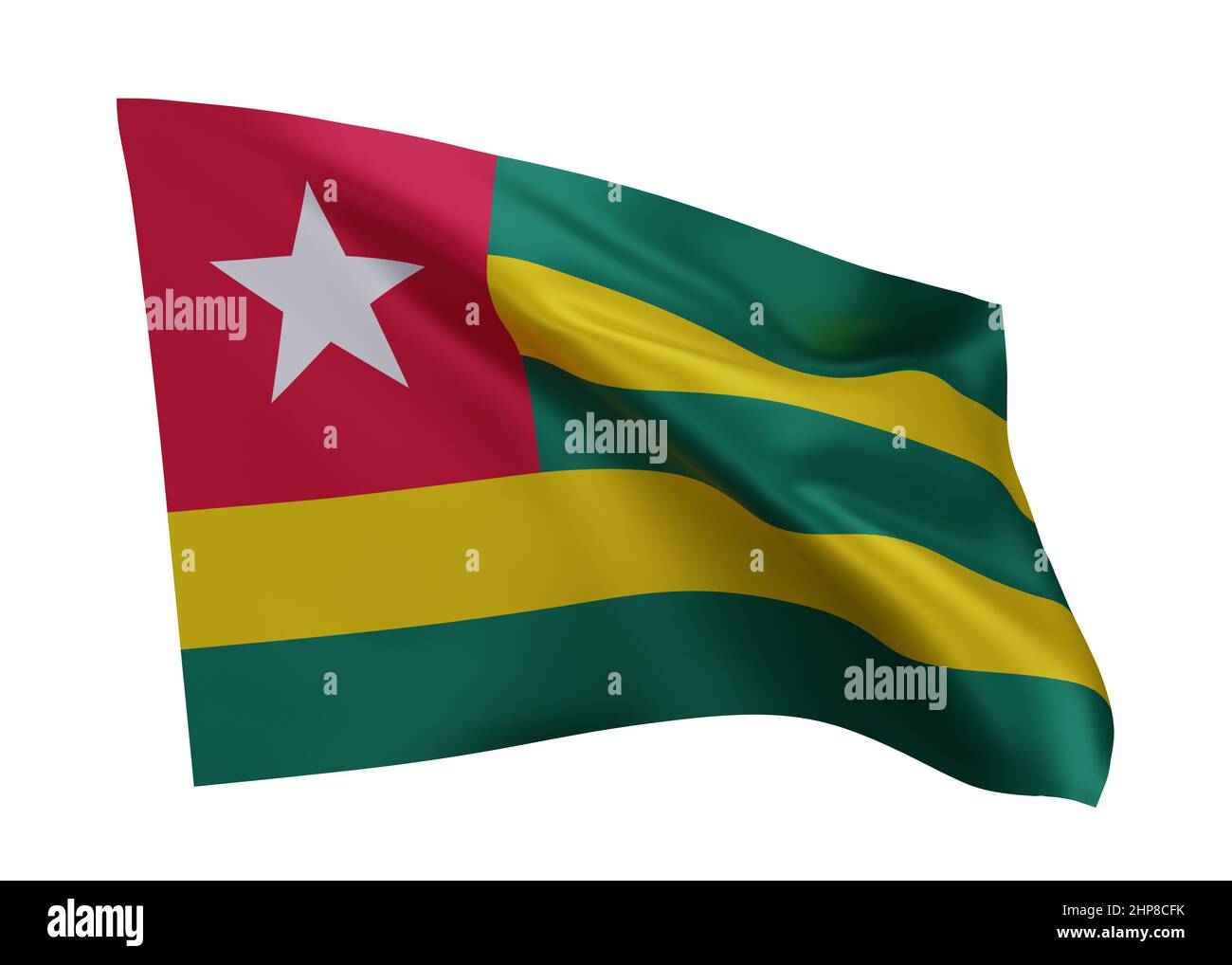 3D Illustration Flagge von Togo. Togolesische Republik hochauflösende Flagge isoliert vor weißem Hintergrund. 3D Rendern Stockfoto