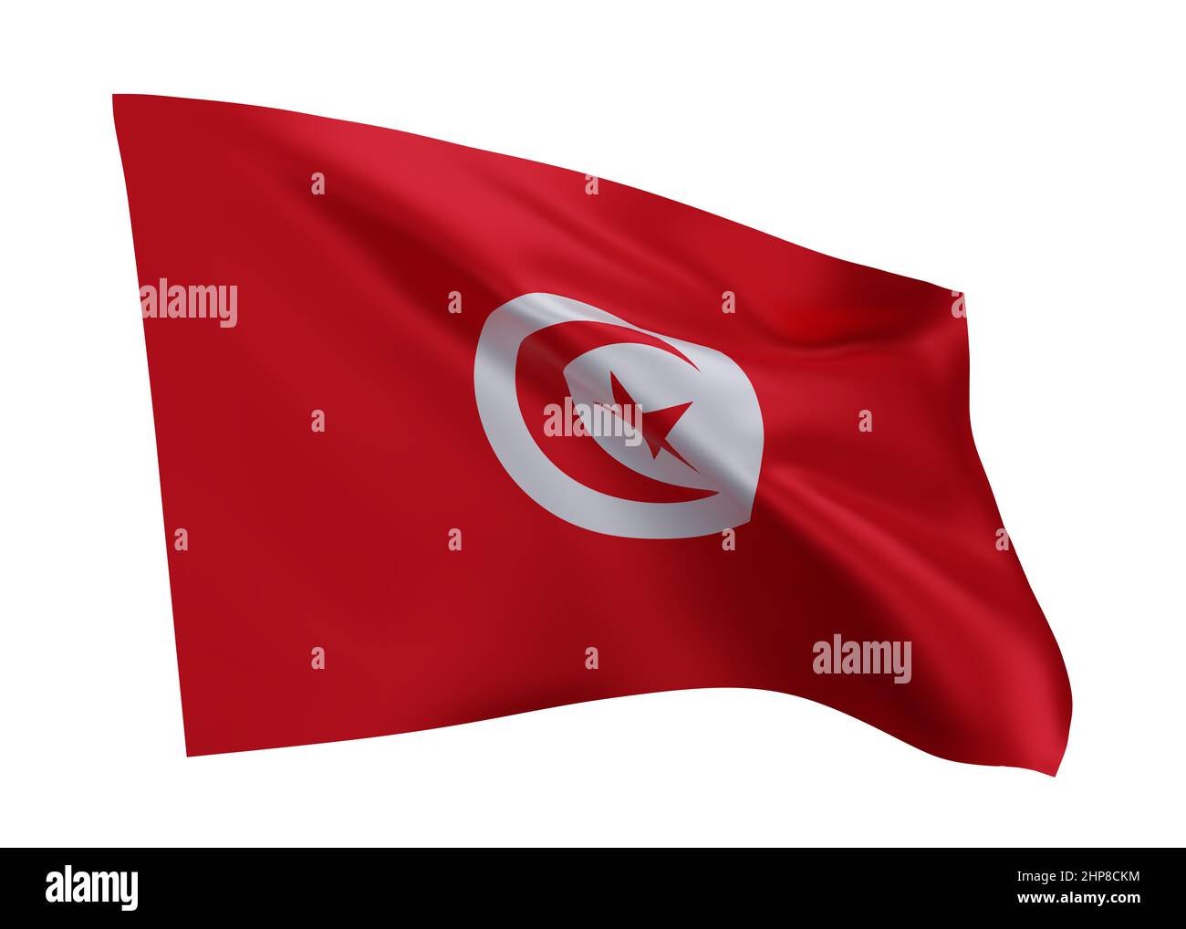 3D Illustration Flagge von Tunesien. Tunesische hochauflösende Flagge vor weißem Hintergrund isoliert. 3D Rendern Stockfoto