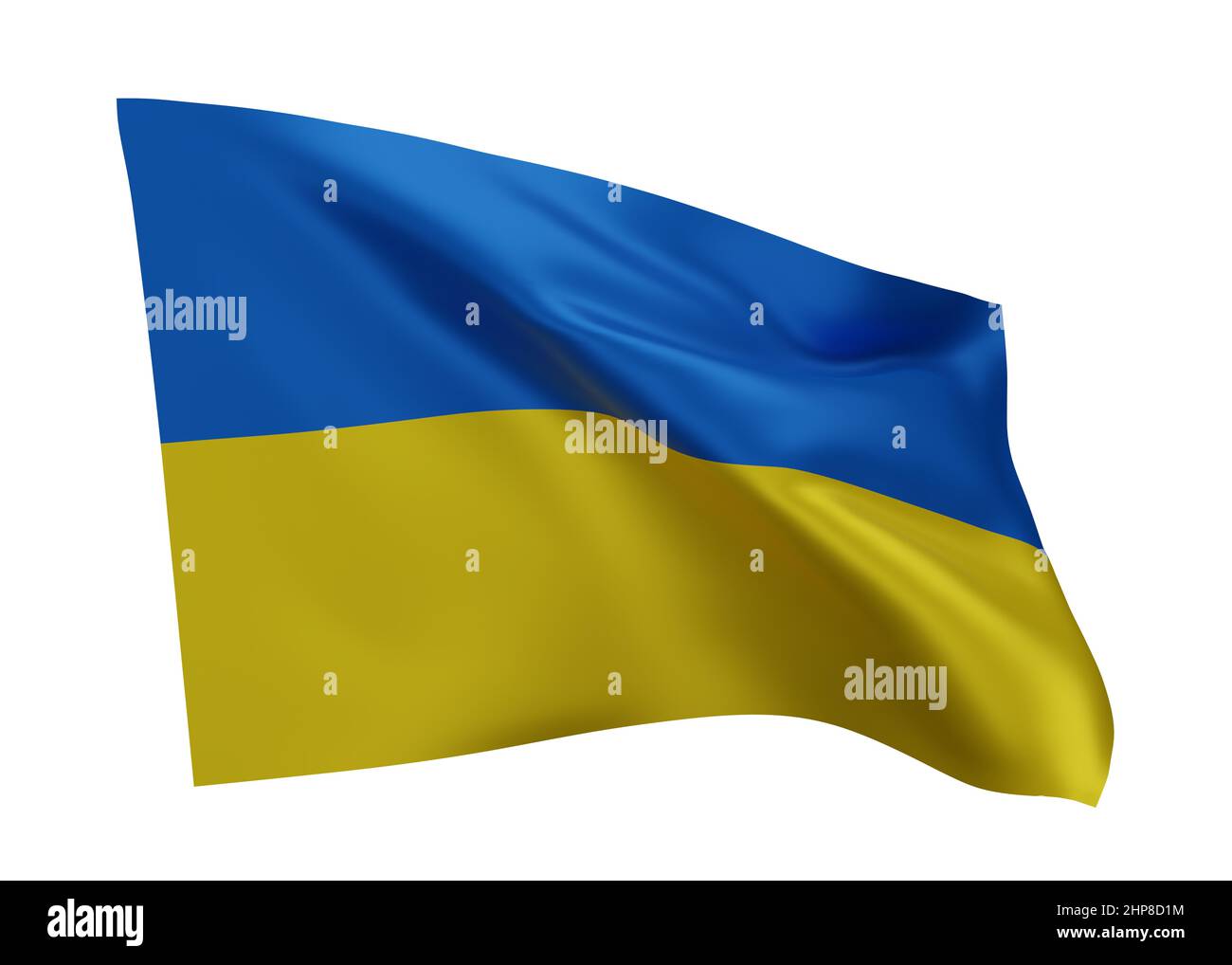 3D Illustration Flagge der Ukraine. Ukrainische hochauflösende Flagge vor weißem Hintergrund isoliert. 3D Rendern Stockfoto