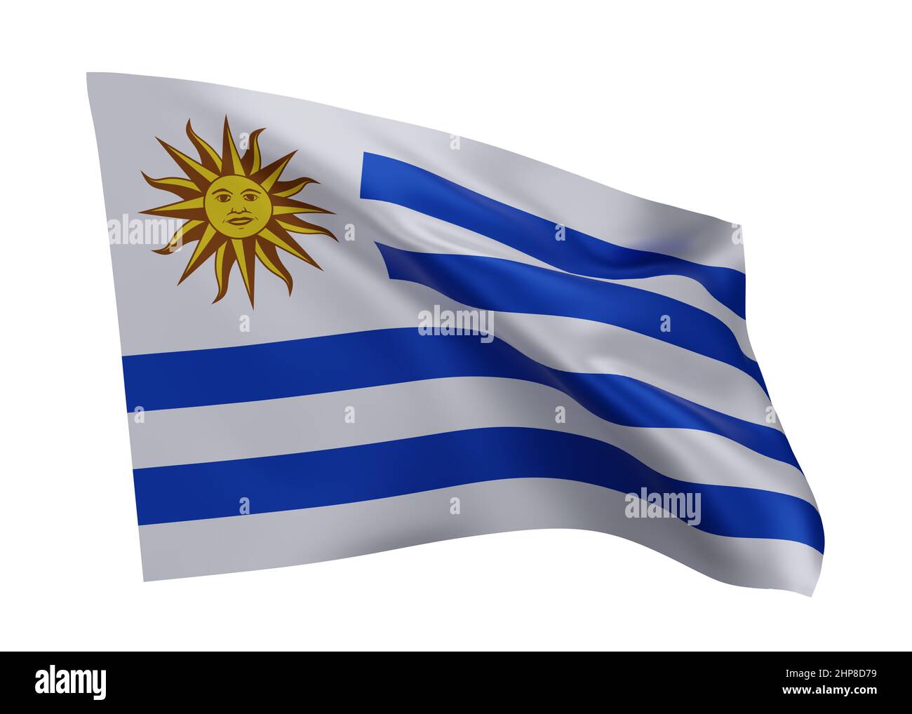 3D Illustration Flagge von Uruguay. Uruguayische hochauflösende Flagge vor weißem Hintergrund isoliert. 3D Rendern Stockfoto