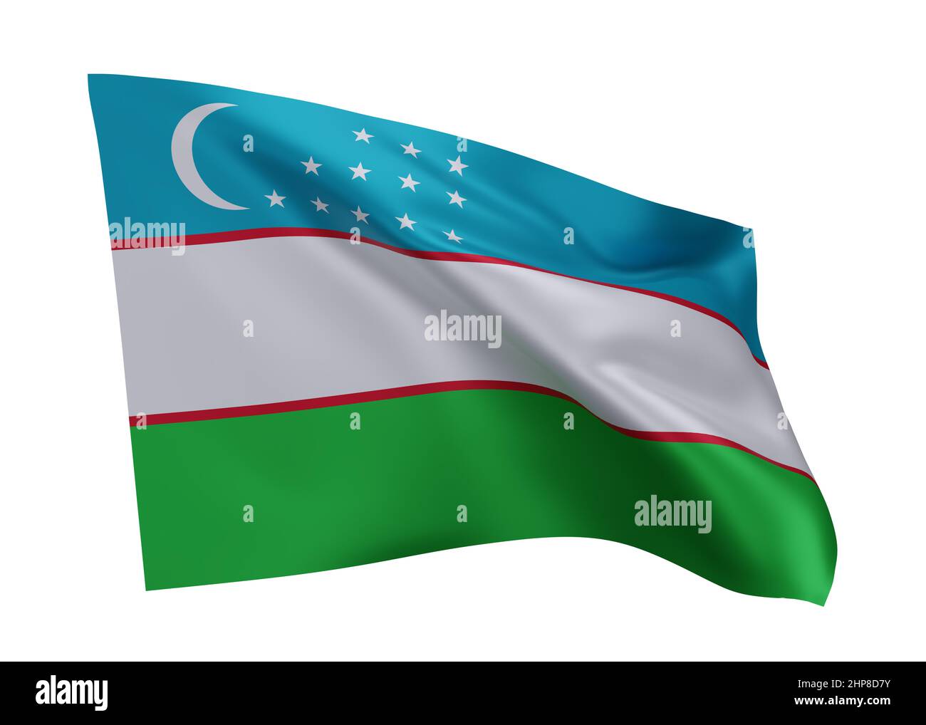 3D Illustration Flagge von Usbekistan. Usbekische hochauflösende Flagge vor weißem Hintergrund isoliert. 3D Rendern Stockfoto