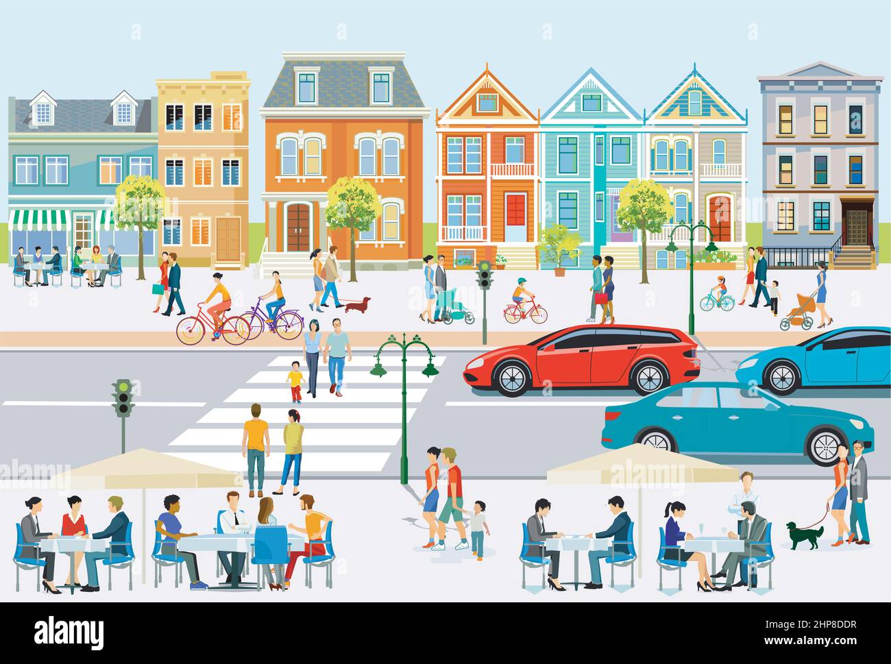 Stadtleben, mit Straßenverkehr, Fußgänger und Familien in der Freizeit, Illustration Stock Vektor