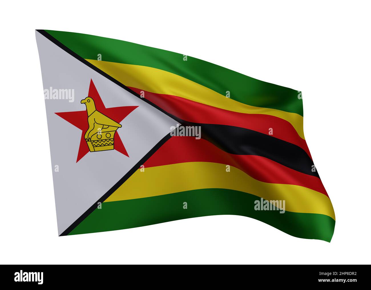 3D Illustration Flagge von Simbabwe. Simbabwe hochauflösende Flagge isoliert vor weißem Hintergrund. 3D Rendern Stockfoto