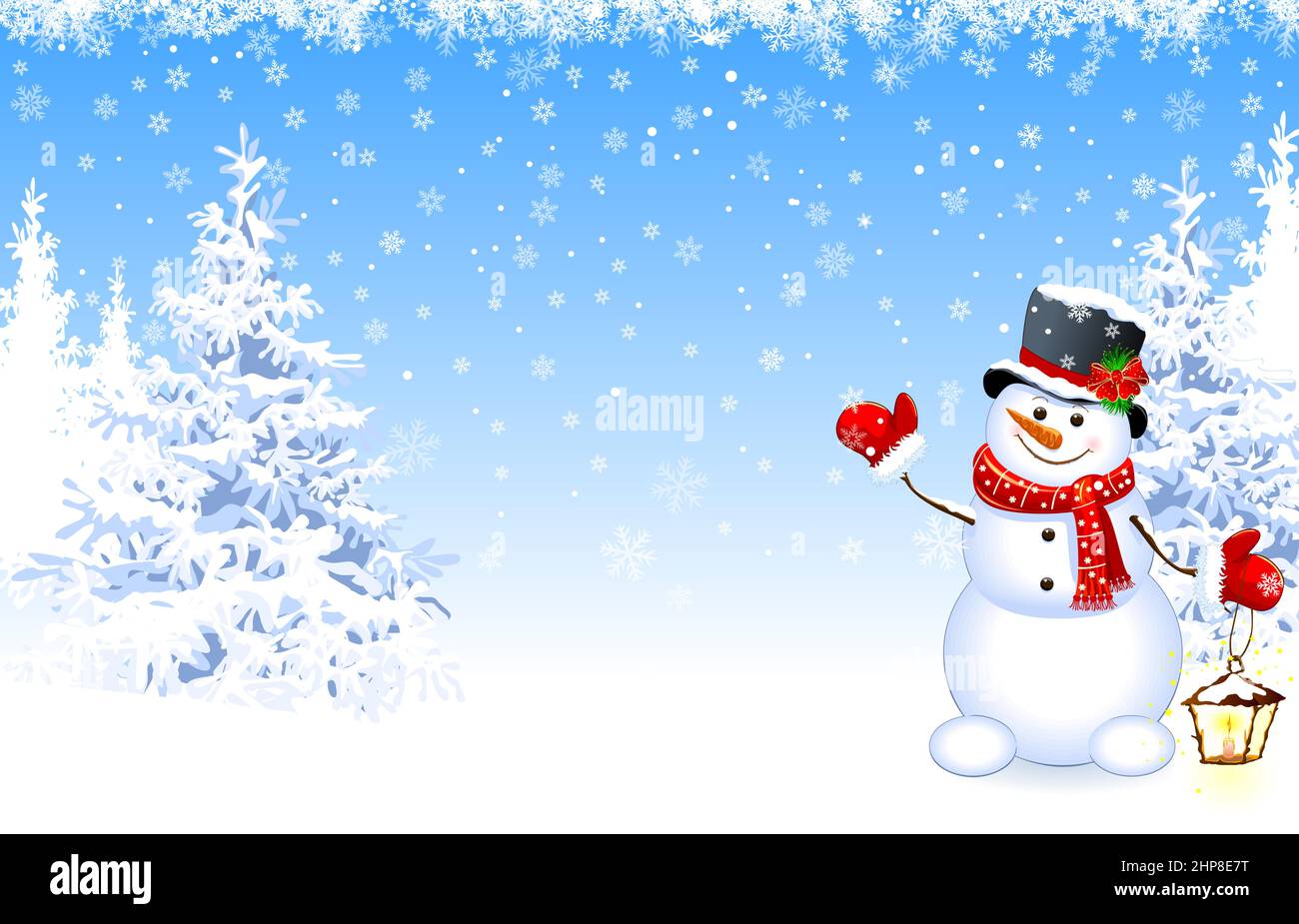 Schneemann mit Laterne im Winterwald Stock Vektor