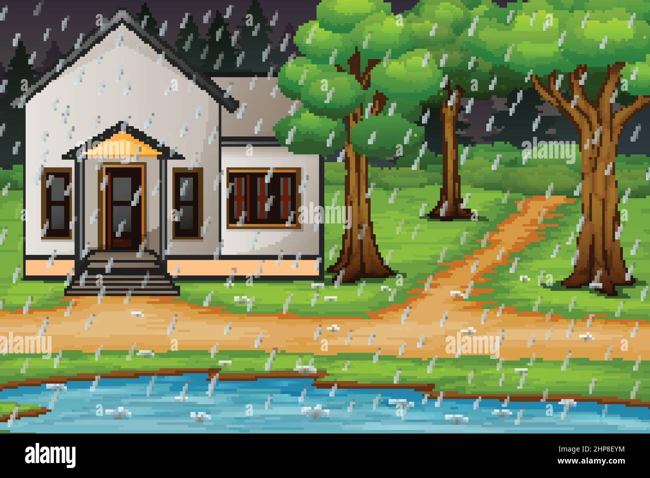 Hintergrundszene mit Haus am See im Regen Stock Vektor