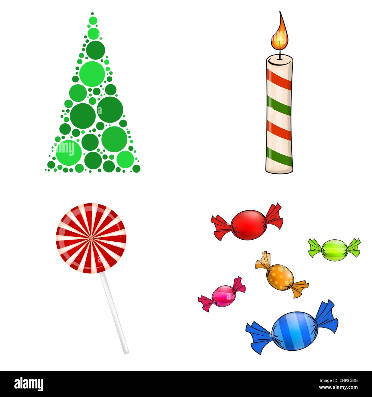 Weihnachts-Symbole-Kollektion. Große Reihe von Weihnachts-Symbole. Saisonale Cartoon-Illustrationen isoliert auf weiß. Ornament und Dekorationen für den Urlaub. Holy Berry, elf, Schuhe, Geschenk, Kerze, Licht, Saite, Kugeln. Stock Vektor