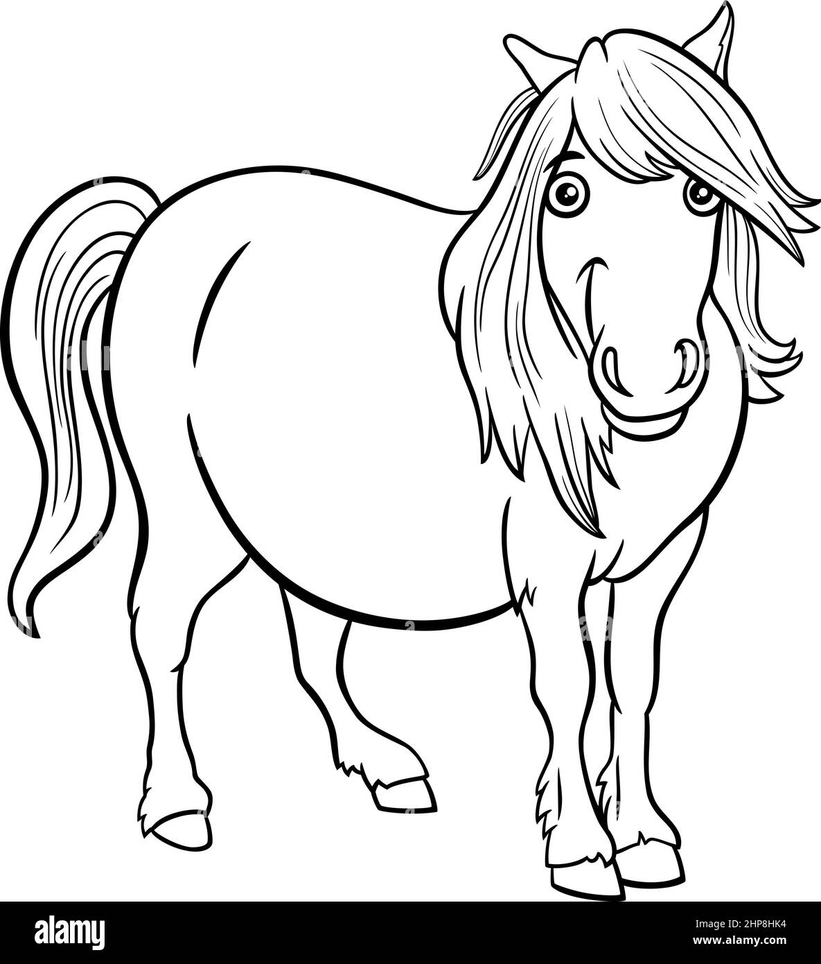 Cartoon shetland Pony Tier Charakter Färbung Buch Seite Stock Vektor