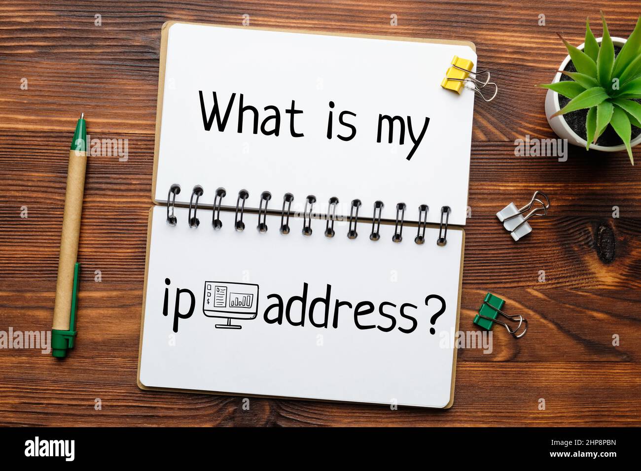 Eine beliebte Frage ist, was meine ip-Adresse ist. Schriftlicher Text im Tagebuch mit Symbolen Stockfoto