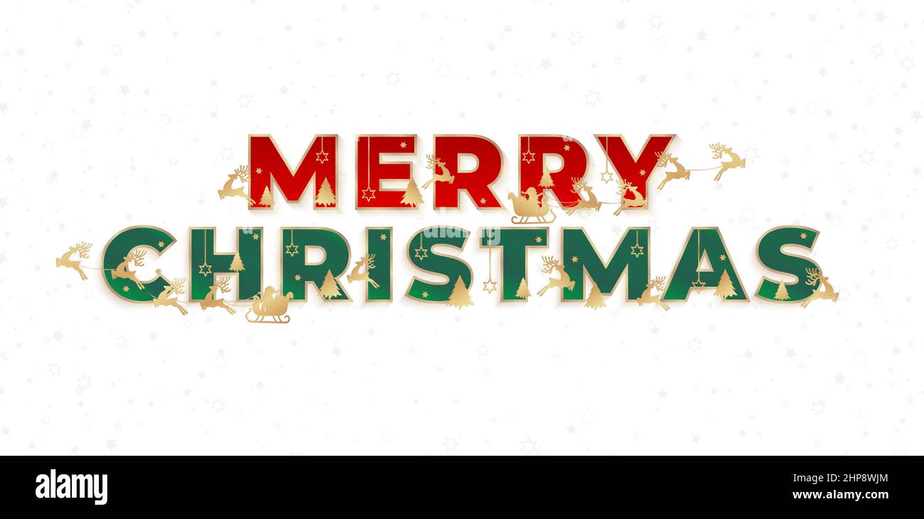 fröhliche weihnachten Text-Effekt. Weihnachtsbrieffarben rot und grün mit isoliertem weißem Hintergrund und goldenem Strichvektor, anwendbar für Grußkarten, Einladungen, Schilder und Banner. Stock Vektor