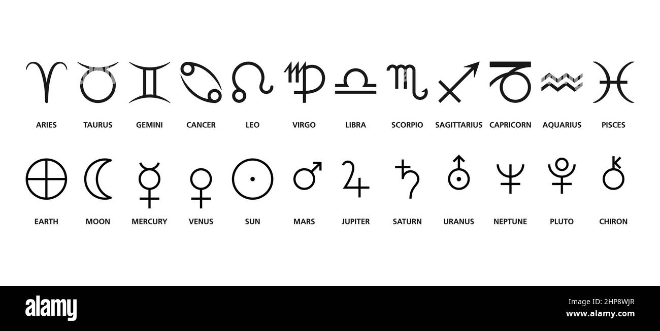 Häufig verwendete Symbole von Zeichen und Planeten in der Astrologie Stock Vektor