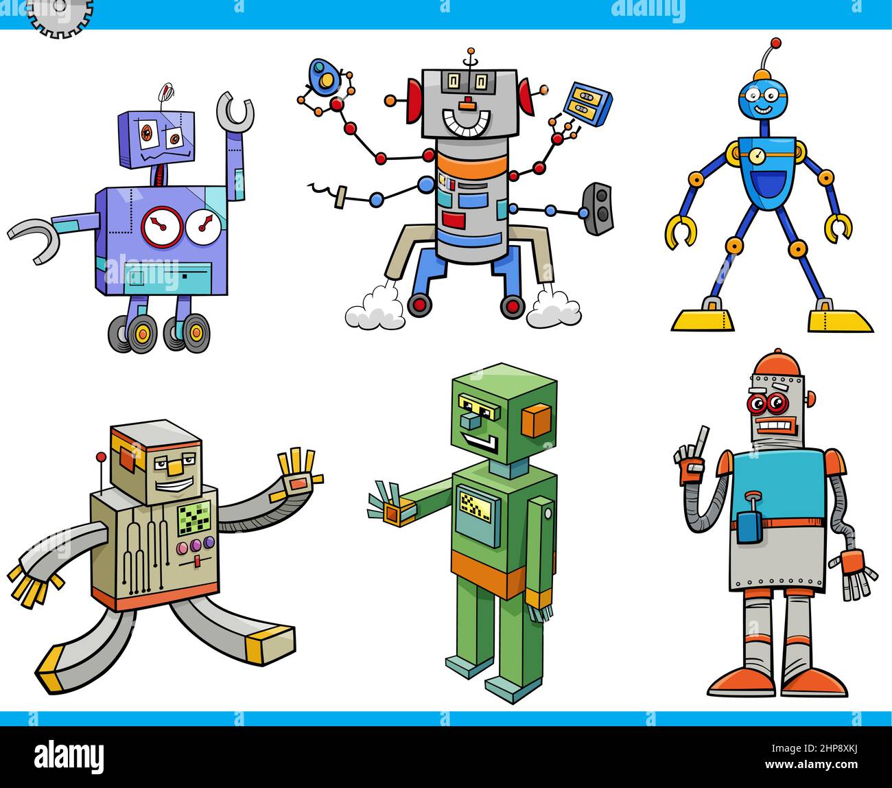 Lustige Roboter und Droiden Zeichentrickfiguren gesetzt Stock Vektor