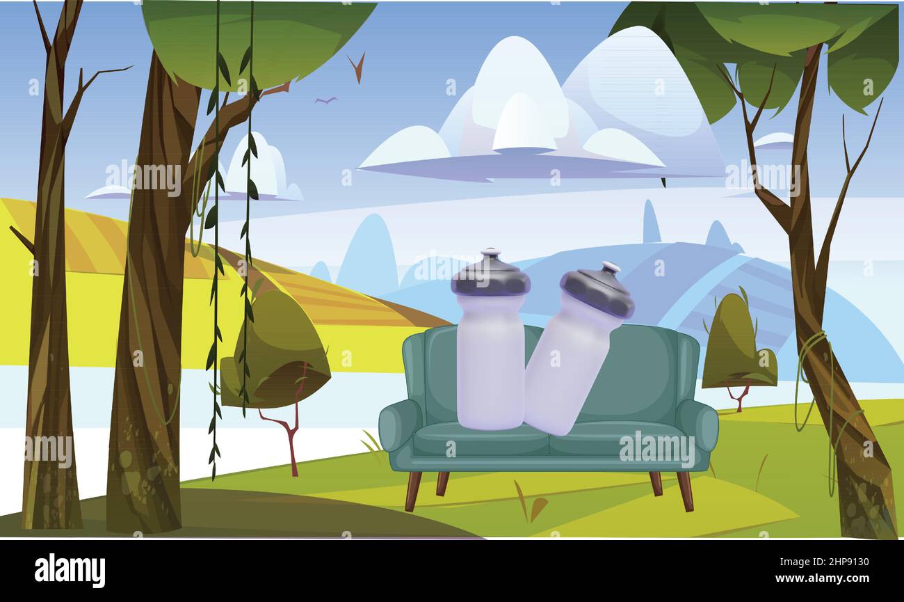 Wasserflasche in einem Garten mit Couch Stock Vektor