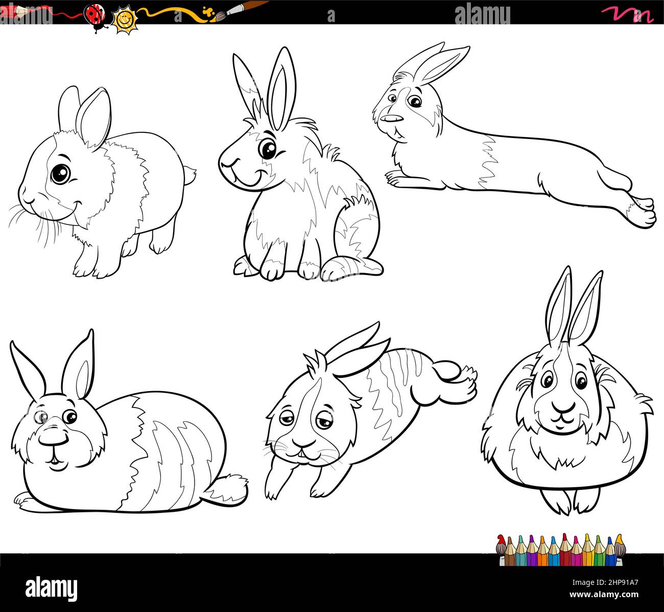 Cartoon Miniatur Kaninchen Zeichen setzen Malbuch Seite Stock Vektor