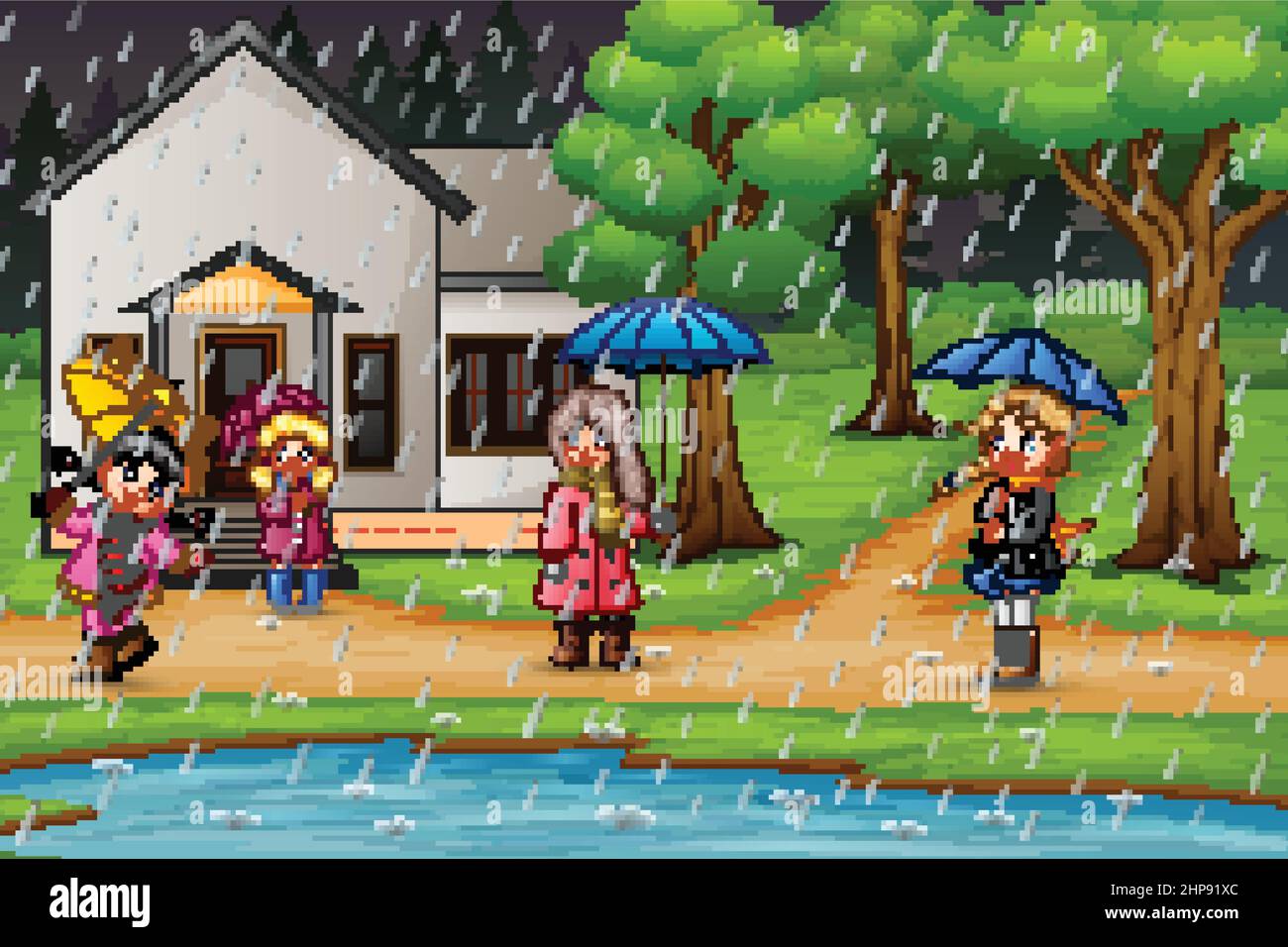Cartoon glückliche Mädchen tragen Regenschirm unter dem Regen vor einem Haus Stock Vektor