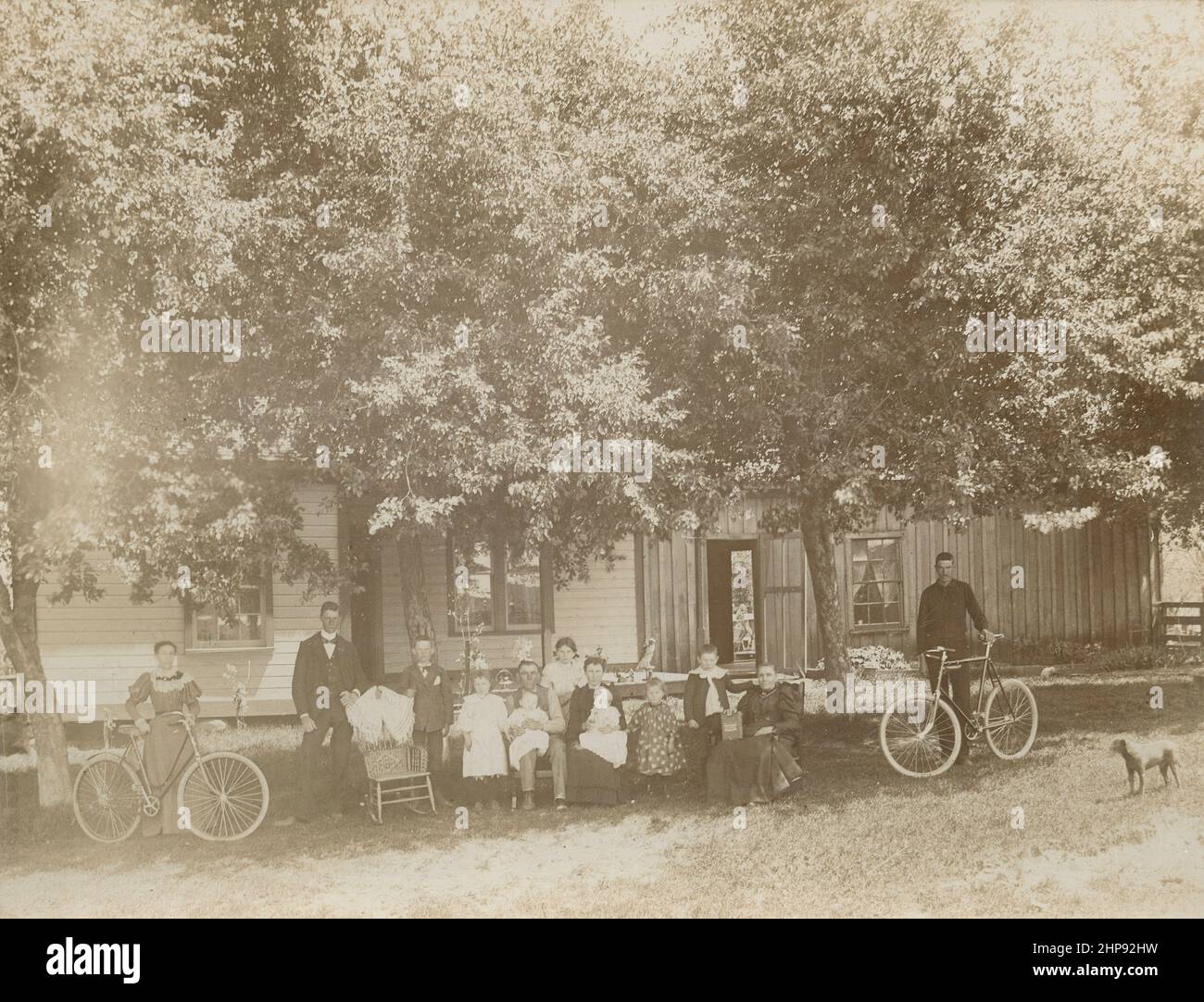 Antikes Foto aus dem Jahr 1880, ausgedehnte Familiengruppe draußen mit einigen Besitztümern, darunter zwei Fahrräder, ein ausgestopfter Falke und ein silberner Hochzeitskorb. Genaue Lage unbekannt, wahrscheinlich Neuengland, USA. QUELLE: ORIGINALFOTO Stockfoto