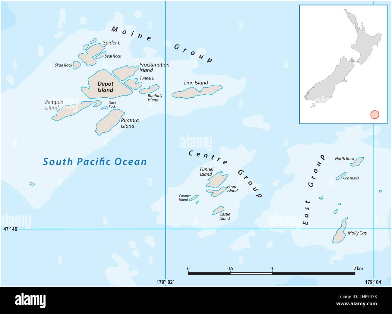 Karte des Archipels von Bounty Islands, Neuseeland Stock Vektor