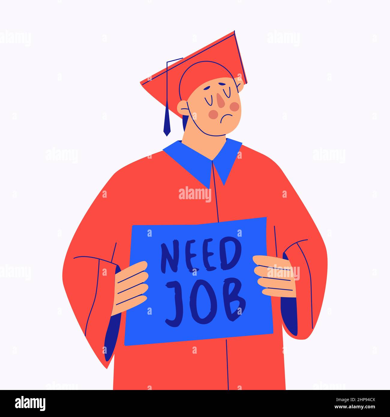 Graduate Student mit Schild mit Text brauchen Job. Probleme der Absolventen mit dem Mangel an Arbeitsplätzen in ihrem Fachgebiet verbunden. Junger trauriger Mann fragt nach Stock Vektor
