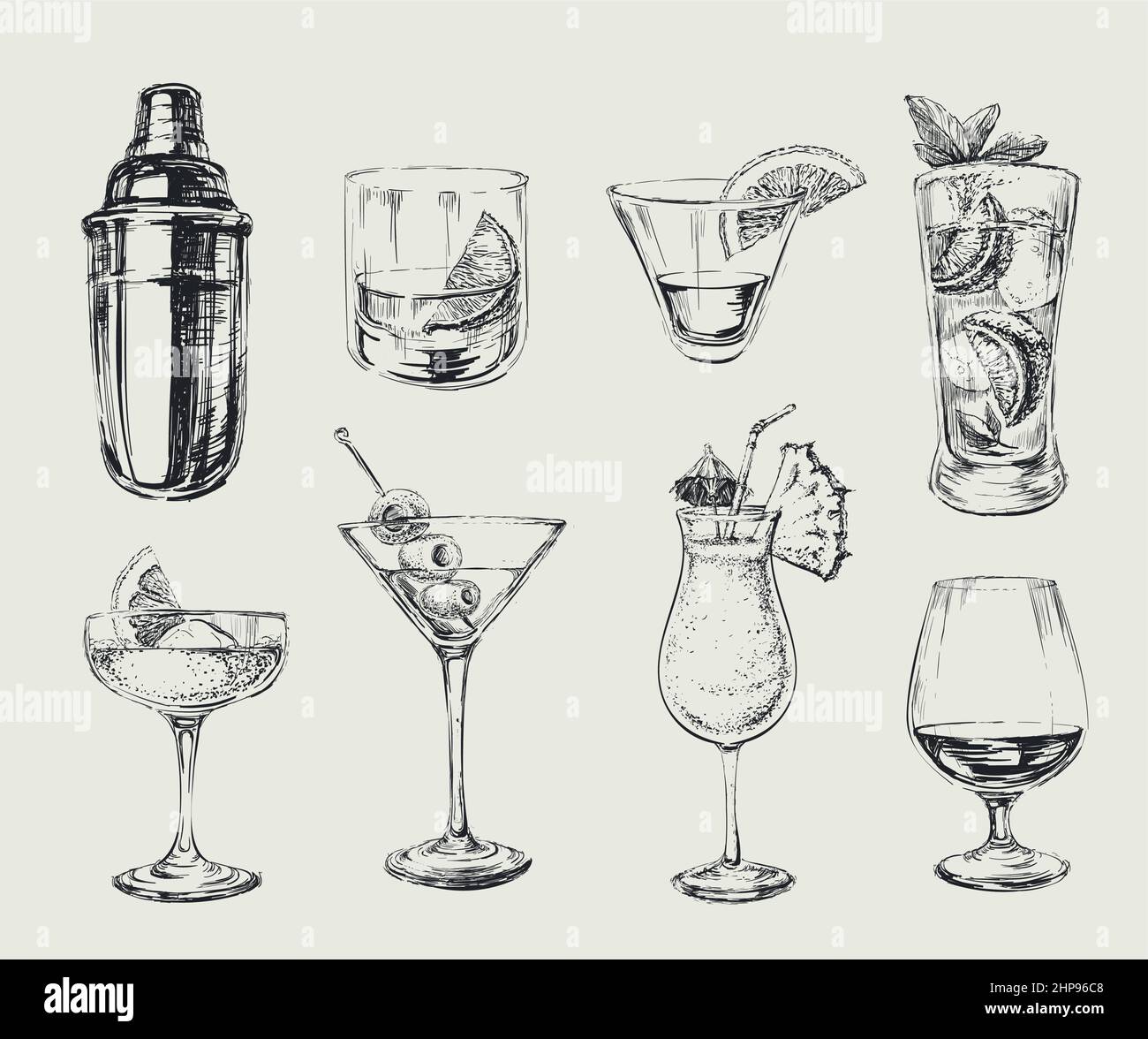 Satz von Skizze Cocktails Alkohol Getränke Vektor handgezeichnete Illustration Stock Vektor