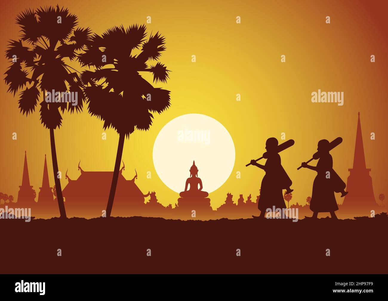 Silhouette Design von Mönch Wanderung zu entdecken, die Ruhe und Wahrheit, Vektor-Illustration Stock Vektor