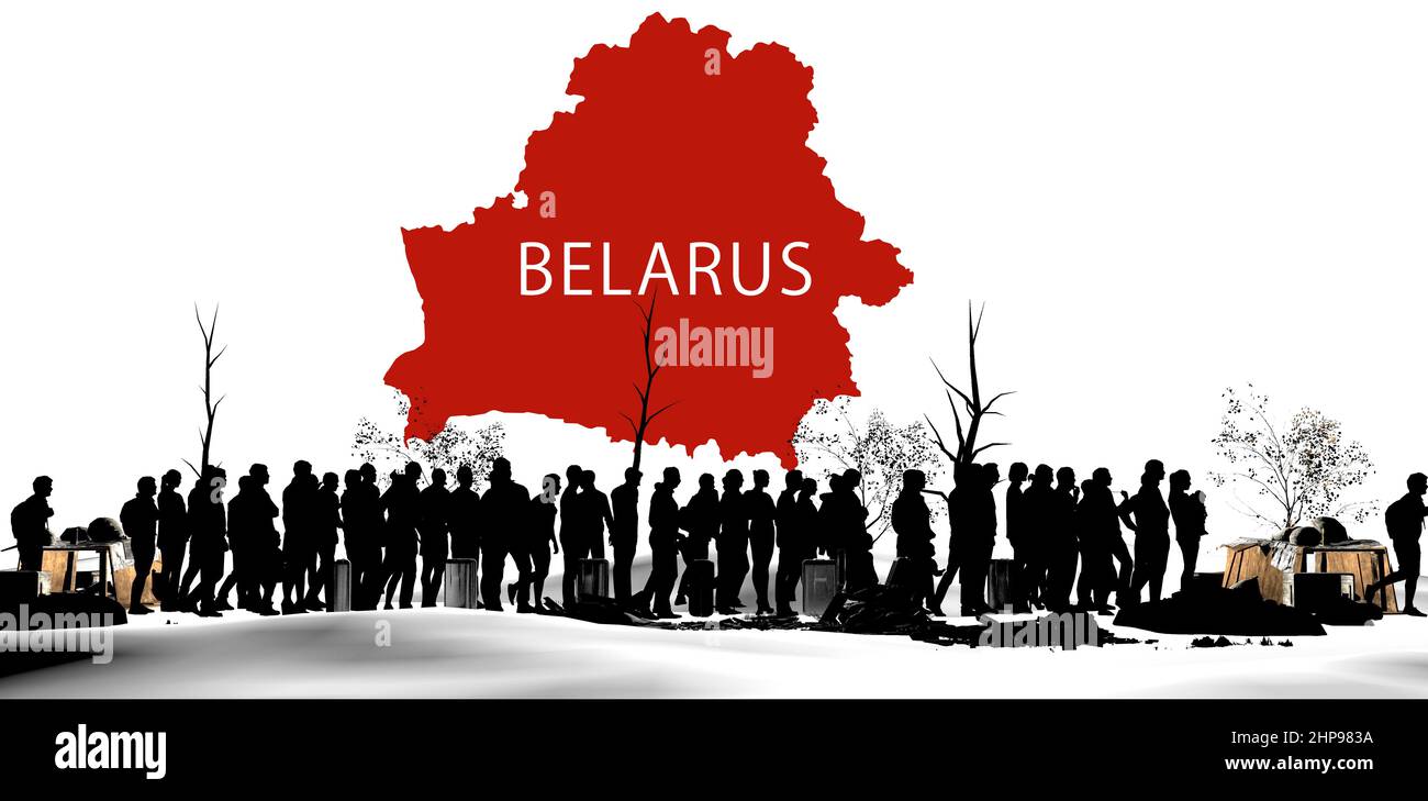 Flüchtlinge und Immigranten auf der Suche nach einer neuen Lebenserwartung. Kolonne von Migranten, die trostlose und schneebedeckte Länder durchqueren. Silhouette. Weißrussland-Karte Stockfoto