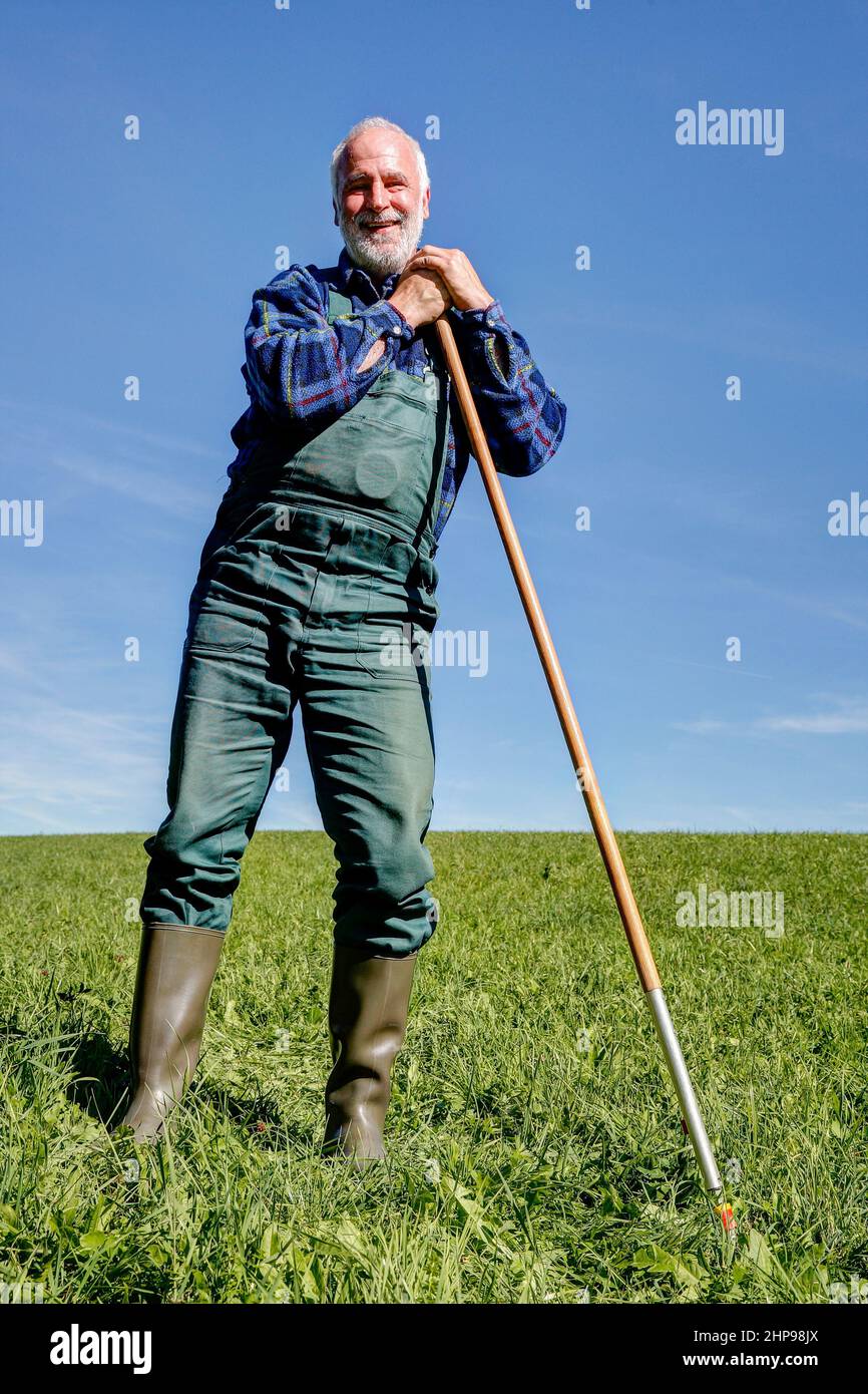 Ein glücklicher Bauer mit grünen Latzhose und Gummistiefeln macht an diesem heißen, sonnigen Spätsommertag im September eine Pause auf seiner Wiese. Stockfoto