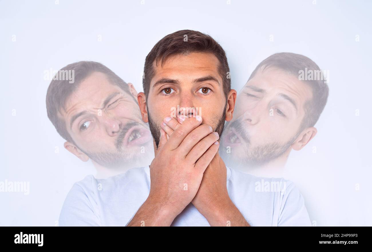 Mann mit Tourette-Syndrom, TS oder Problem mit dem Nervensystem. Mann macht Tics, plötzliche Zuckungen, Bewegungen oder Geräusche Stockfoto