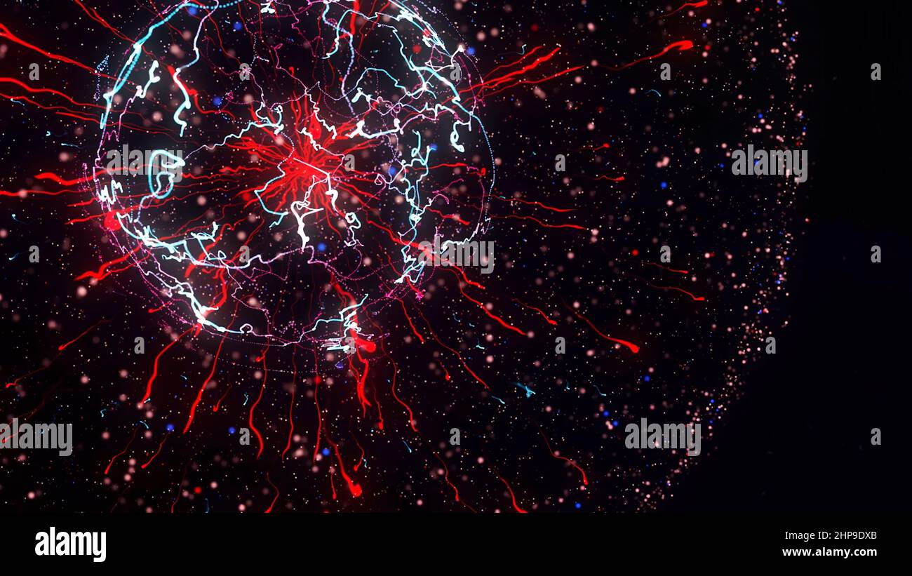 Schöner Stern explodiert und verwandelt sich in Tausende von kleinen Objekten und Impulse auf schwarzem Hintergrund icolated. Schöne rotierende runde Figur. Stockfoto