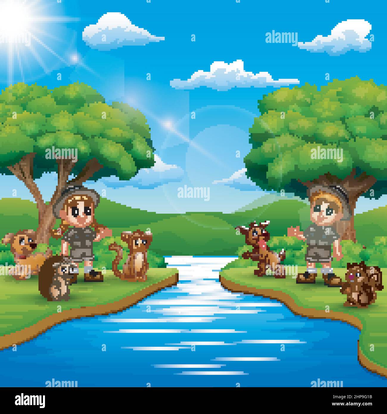 Cartoon von Zookeeper Junge und Mädchen mit Tier am Fluss Stock Vektor