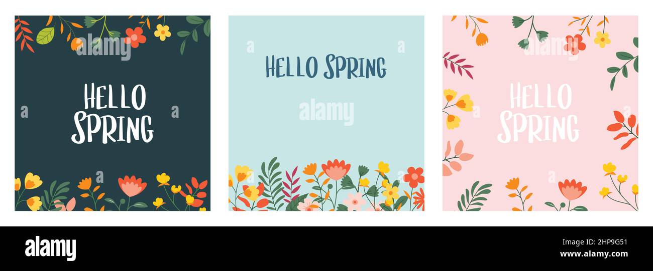 Hallo Frühling Banner Hintergrund Vorlage mit bunten Blume.kann verwendet werden Social Media Karte, Gutschein, Tapete, Flyer, Einladung, Poster, Broschüre. Stock Vektor
