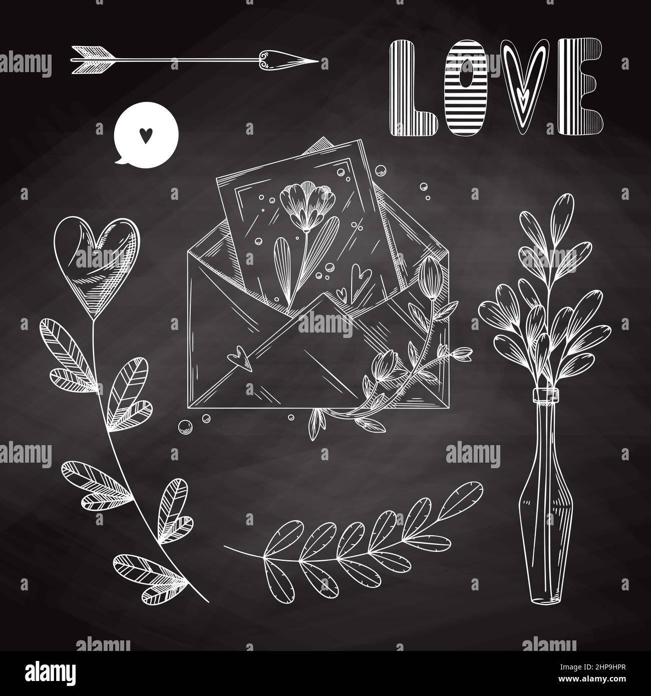 Set von romantischen handgezeichneten Elementen. Verschiedene Herzen, Blumen und andere verschiedene Elemente. Handgezeichnete Skizzenvektordarstellung. Stock Vektor