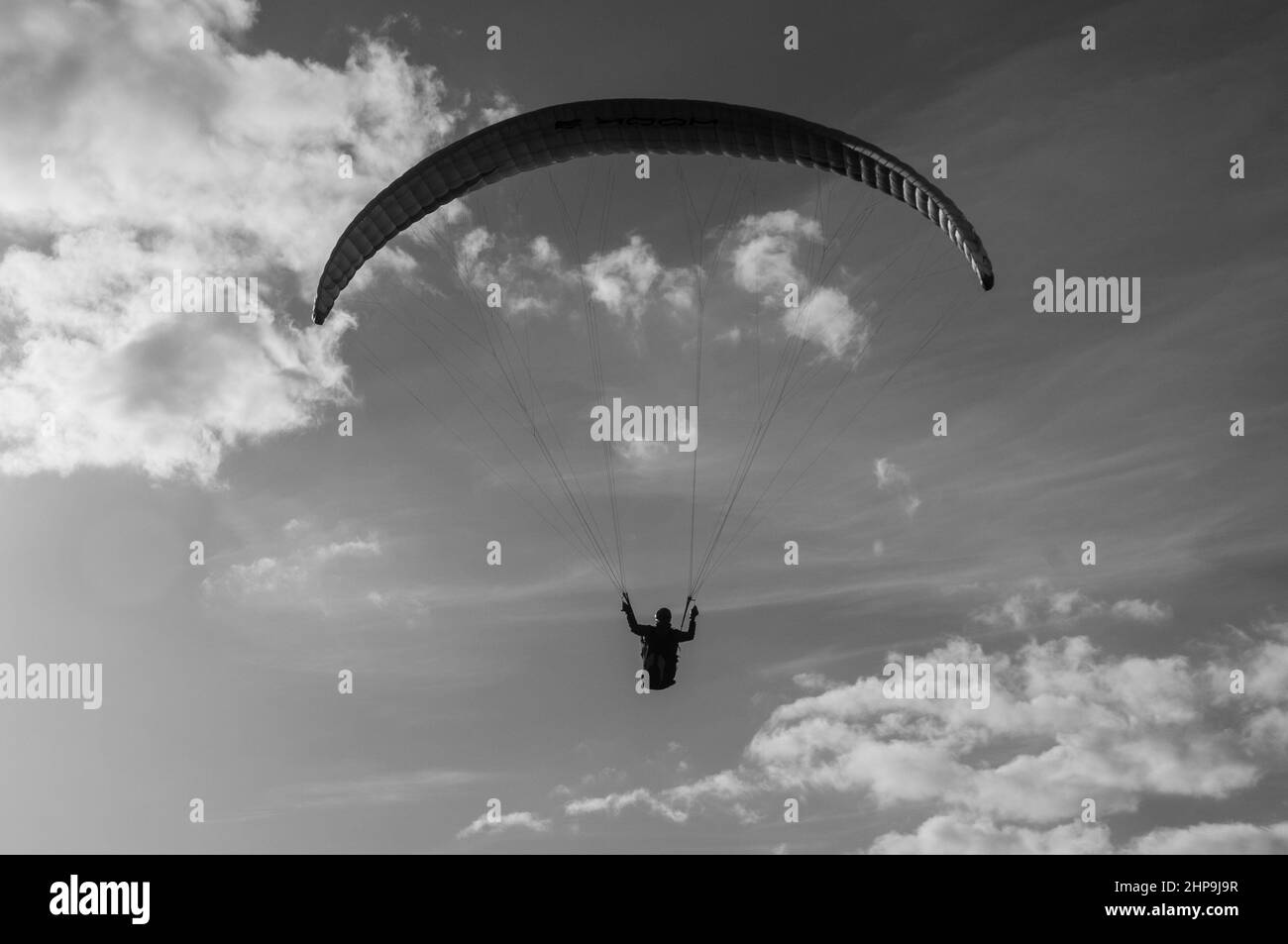 Schöne Graustufen einer GleitschirmSilhouette, die am Himmel fliegt