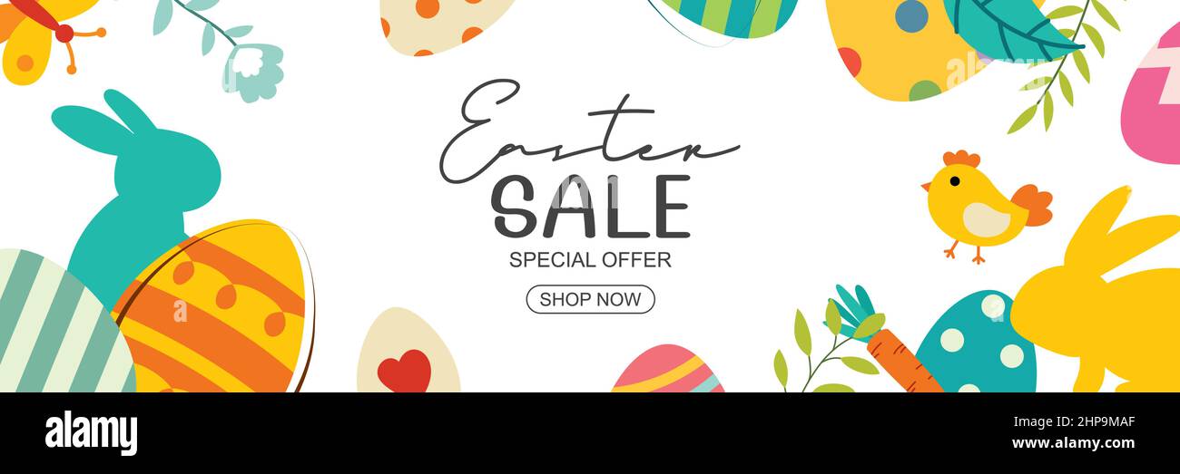 Ostern Verkauf Banner Design-Vorlage mit bunten Eiern und Blumen. Verwendung für Cover, Werbung, Flyer, Poster, Prospekte, Gutschein-Rabatt. Stock Vektor