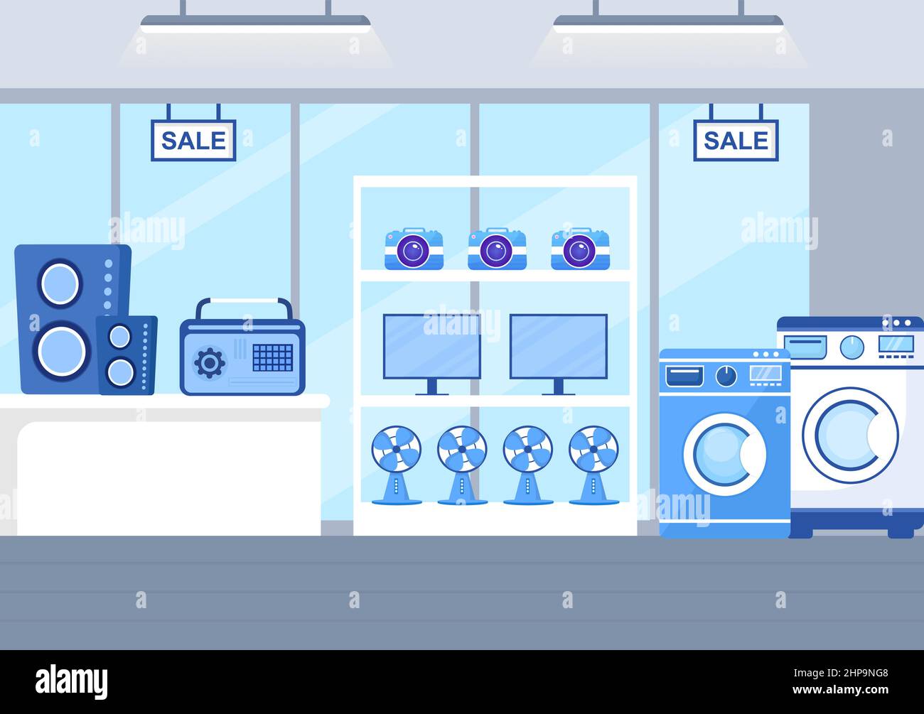 Elektronikgeschäft, das Computer, TV, Handys und den Kauf von Haushaltsgeräten in flachem Hintergrund verkauft Illustration für Poster oder Banner Stock Vektor