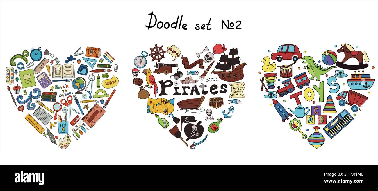Vector Doodle Pirat, Spielzeug, Schule ergänzt Sets. Eine Karte mit einer handgezeichneten Skizze eines Meerjungfrau-Schiffes und von Piratenartikeln. Vorlage für Kinderpostkarten Stock Vektor