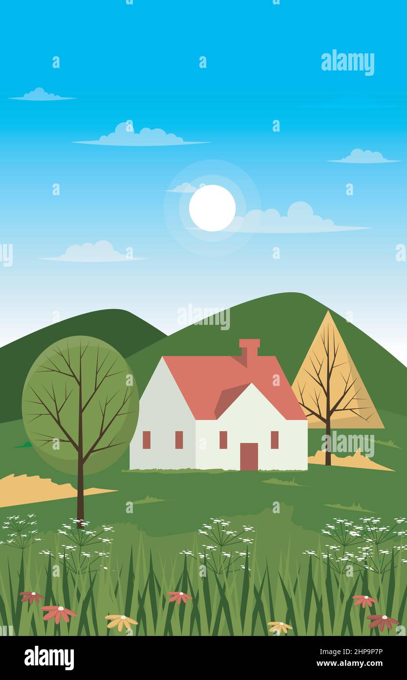Little House Hill – Geschenkkarte Für Eine Wunderschöne Landschaft Im Sommer Mit Ländlicher Natur Stock Vektor