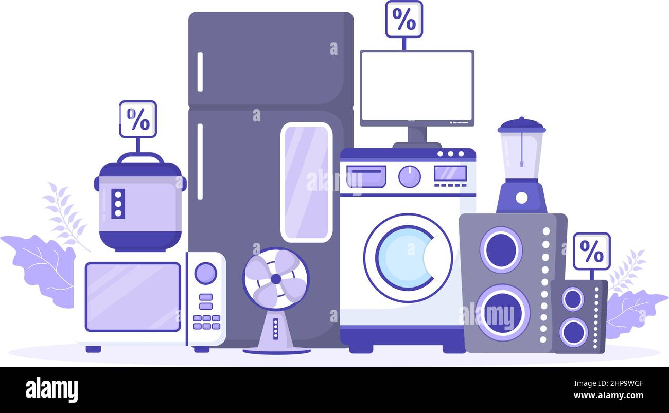 Elektronikgeschäft, das Computer, TV, Handys und den Kauf von Haushaltsgeräten in flachem Hintergrund verkauft Illustration für Poster oder Banner Stock Vektor