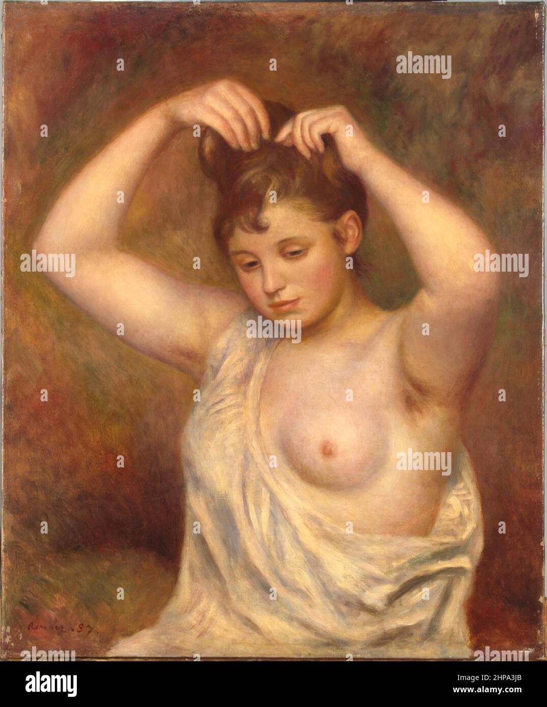 Titel: Frau arrangiert ihre Haare Ersteller: Pierre Auguste Renoir Datum: 1887 Abmessungen: - Medium: Öl auf Leinwand Ort: Eremitage-Museum, St. Petersburg, Russland Stockfoto