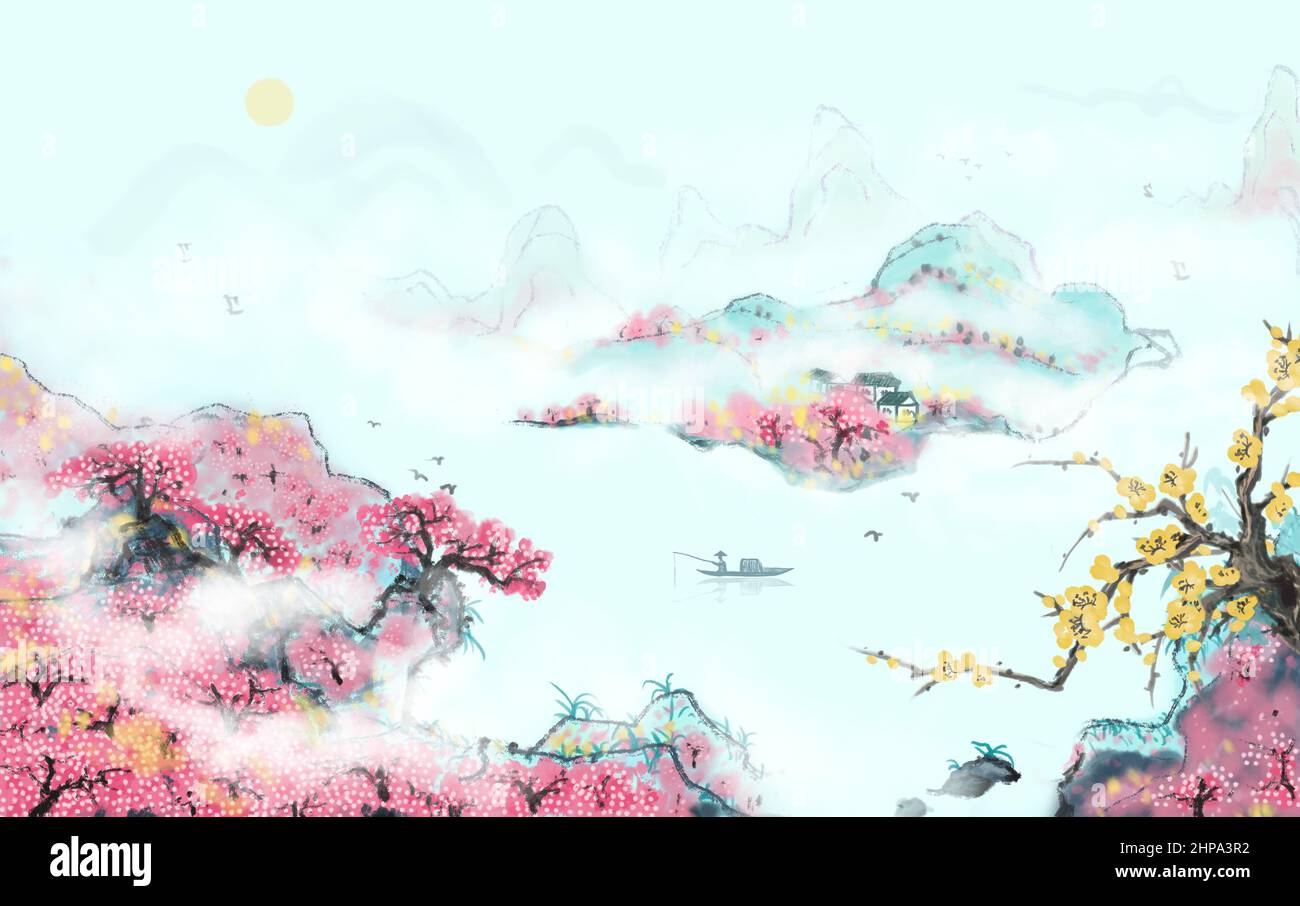 Pfirsichblüte Waldtinte Im Chinesischen Stil Illustration Stockfoto