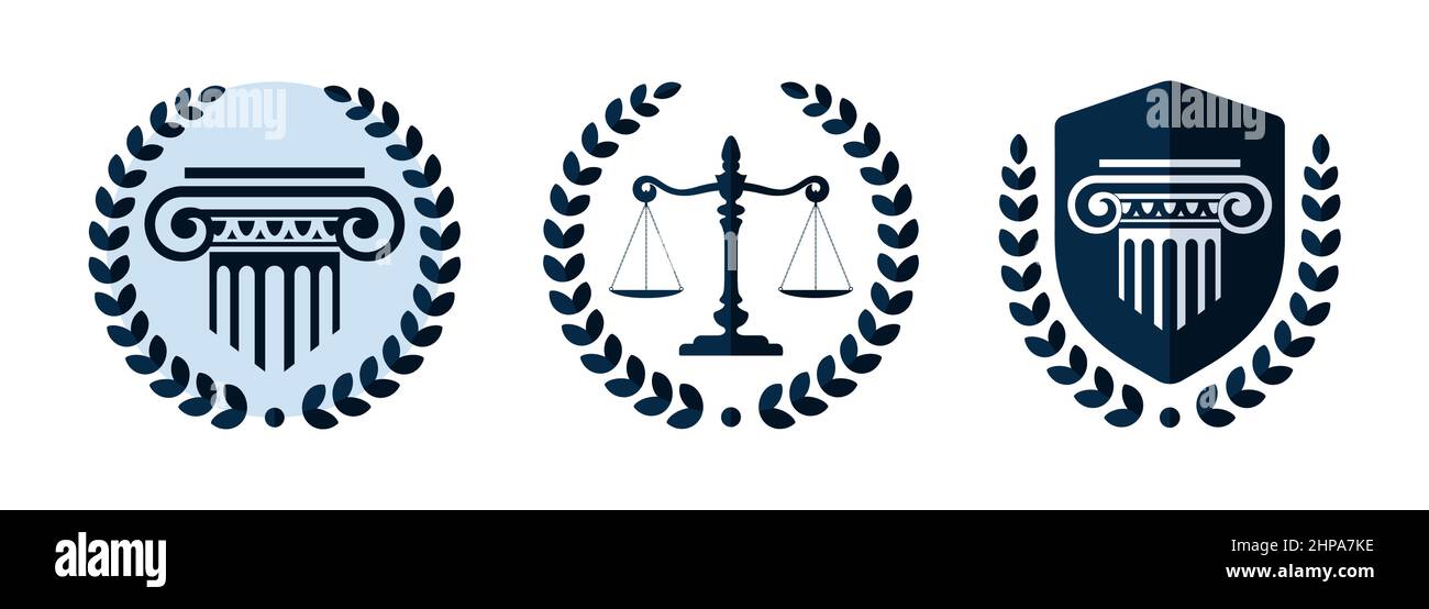 Vektorlogo für Anwaltskanzlei. Anwaltslogotypen mit Säulen und Maßstab der Gerechtigkeit. Symbole von Rechtszentren oder Rechtsanwälten. Juristisches Emblem für Werbung Stock Vektor